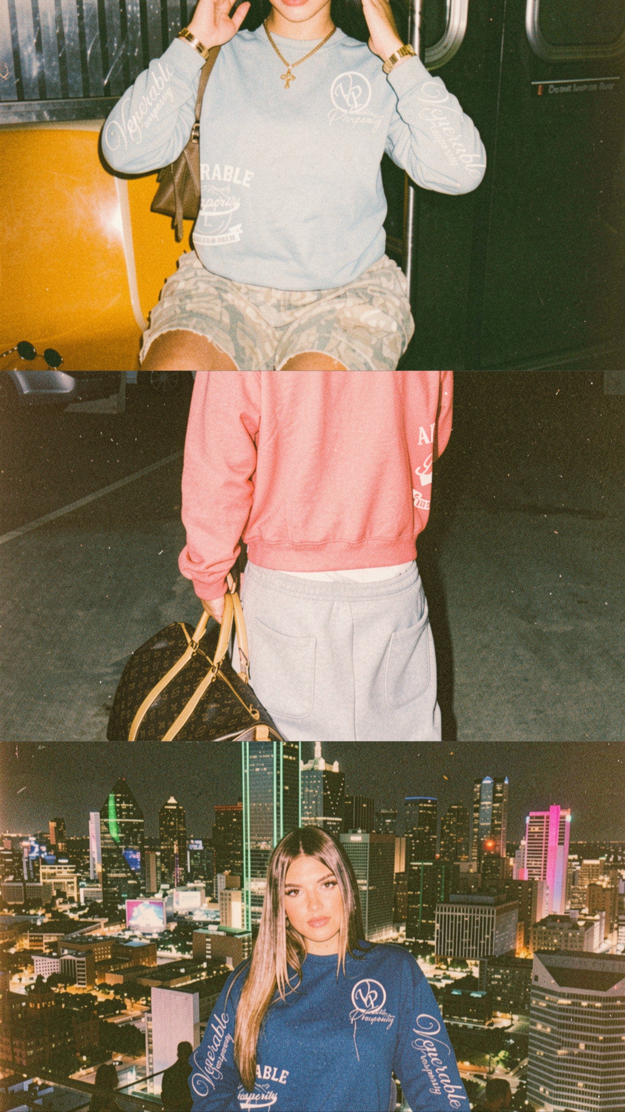 Three images of a person wearing a sweatshirt with a logo, one with a cityscape background.